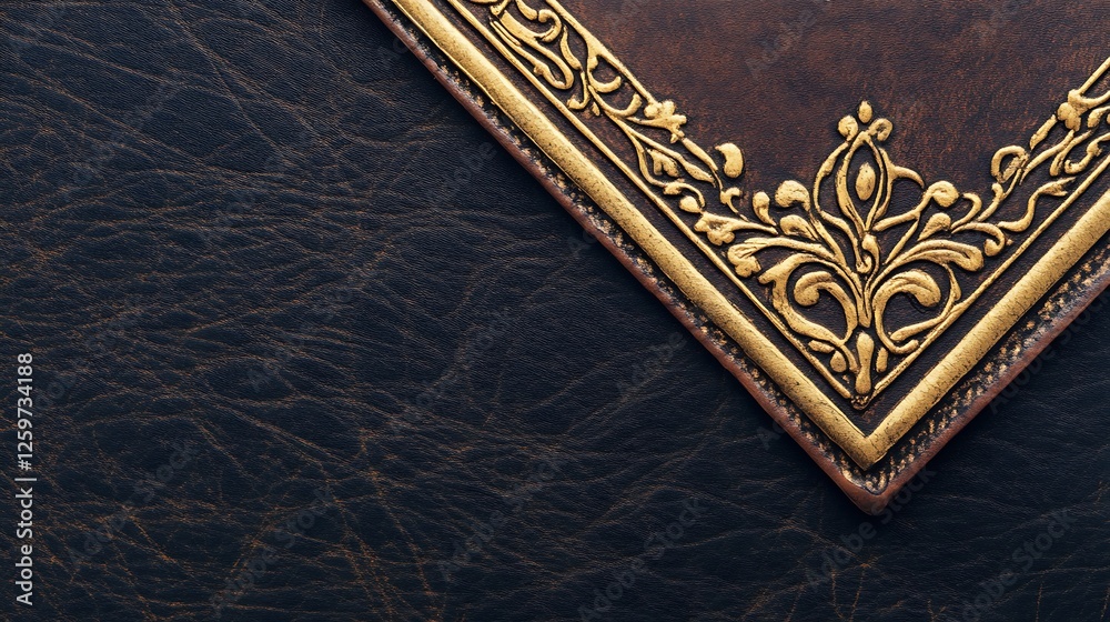 Fototapeta premium Ornate Gold Design on Dark Leather Book Corner