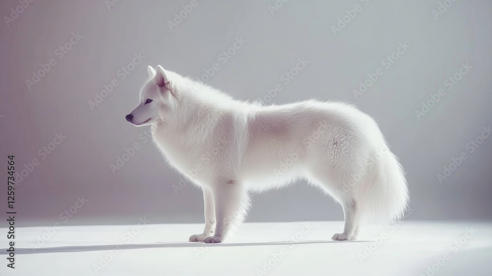 Fototapeta premium Profile Portrait of a Fluffy White Dog Standing Gracefully Against a Soft Background