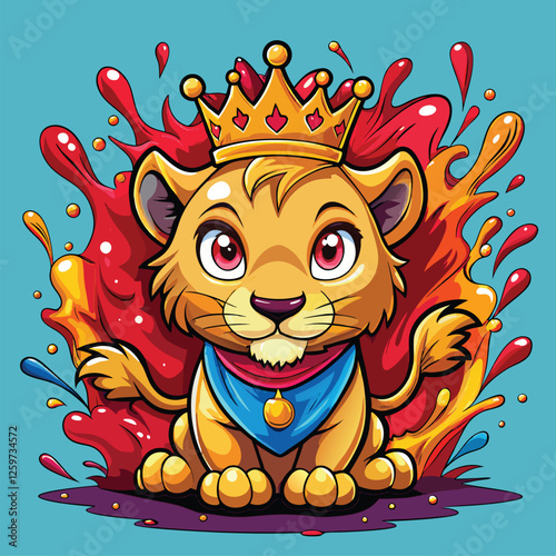A regal cartoon lion cub, adorned with a crown and cape, sits amid a vibrant explosion of colors.