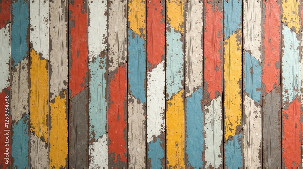 Obraz premium Colorful Rustic Wooden Planks Arranged in a Chevron Pattern, Showing Signs of Age and Wear, Ideal for Backgrounds and Textures