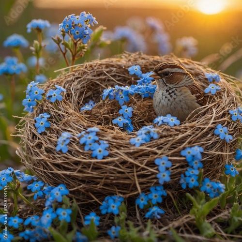 A sparrow carefully tucking in tiny blue forget-me-nots into its woven nest, with a golden sunset in the background. photo