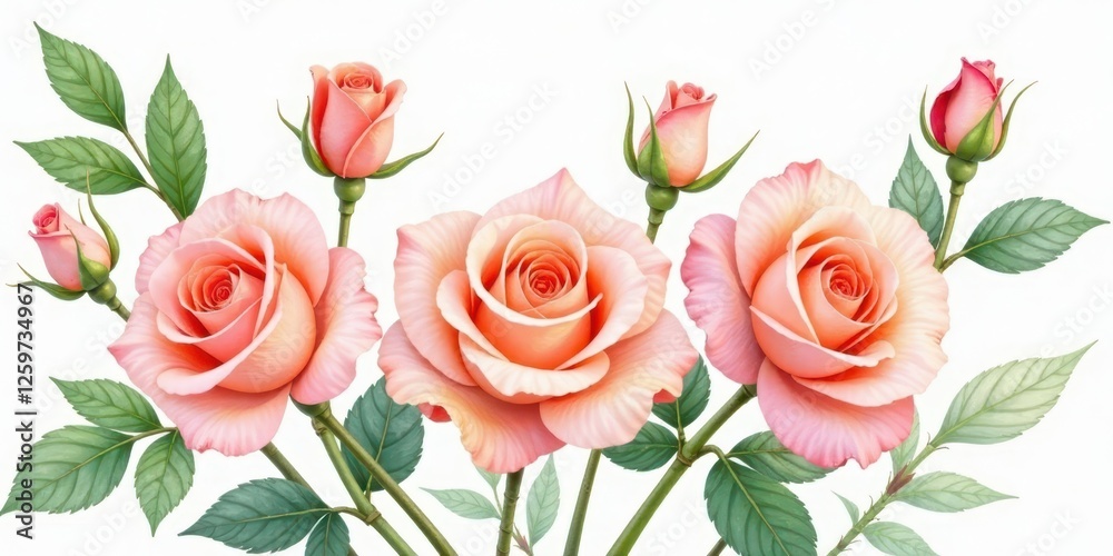 Fototapeta premium A Delicate Arrangement of Peach Roses with Lush Green Foliage, a Botanical Illustration