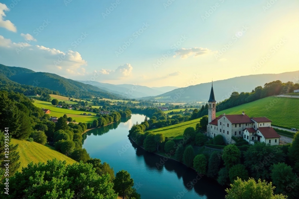 Fototapeta premium Serene River Valley Vista with Picturesque Church and Lush Green Hillsides at Sunset