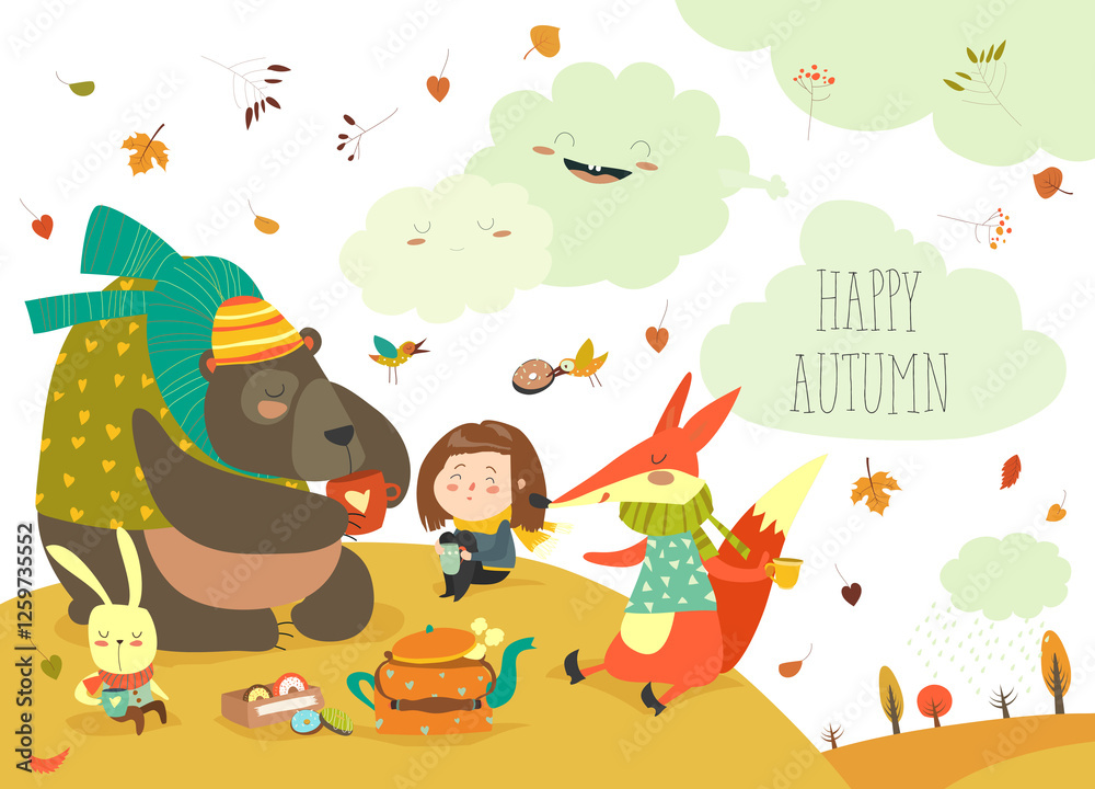 Fototapeta premium Girl with animals at picnic in autumn forest. Vector illustration
