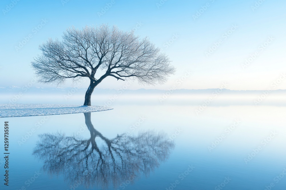 Beautiful tree with its reflection in the calm lake at dawn, a winter landscape, a peaceful nature scene, a blue sky and a misty water surface Beautiful tree with its reflection in the calm lake at dawn, a winter landscape, a peaceful nature scene, a blue sky and a misty water surface