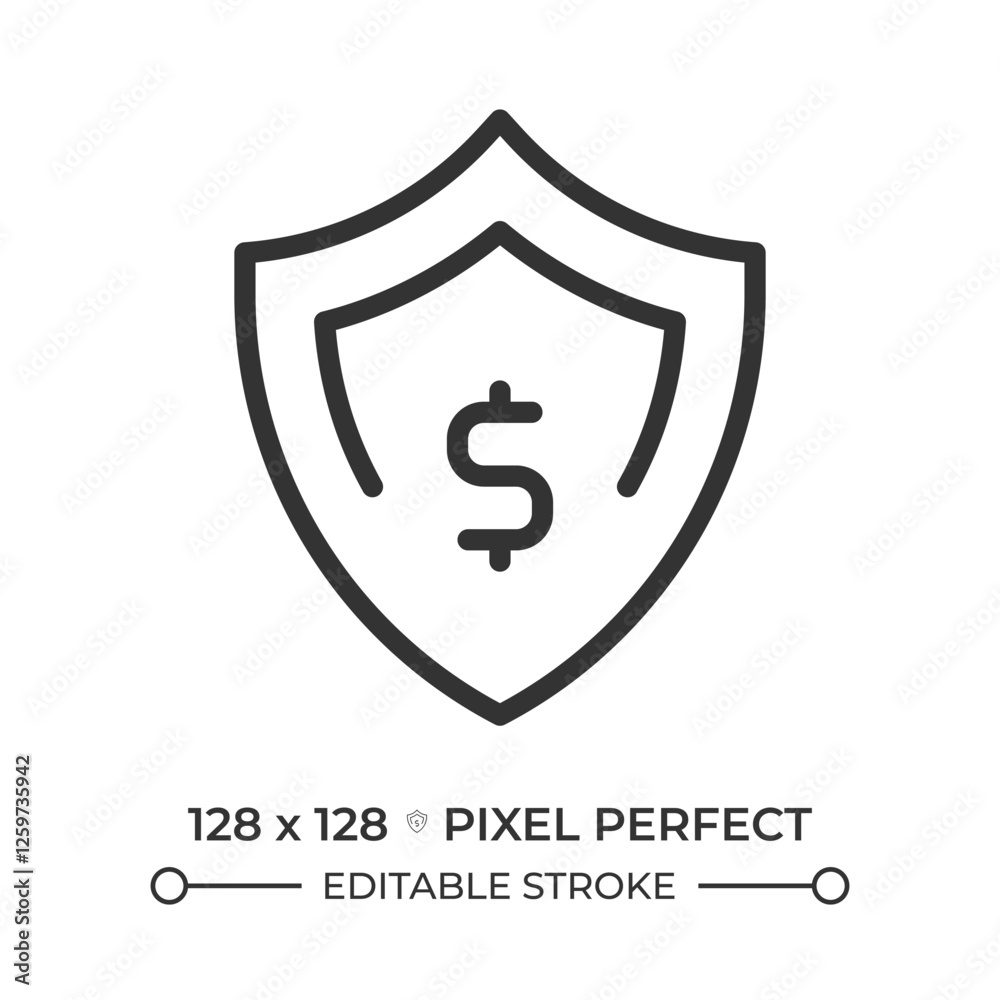 Financial cushion pixel perfect linear icon. Savings account. Economical security, insurance. Shield, protection. Thin line illustration. Contour symbol. Vector outline drawing. Editable stroke Financial cushion pixel perfect linear icon. Savings account. Economical security, insurance. Shield, protection. Thin line illustration. Contour symbol. Vector outline drawing. Editable stroke