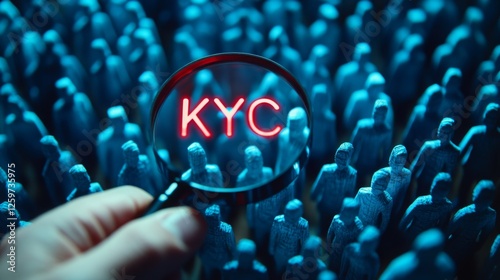 A hand holding a magnifying glass over a crowd of blue figures, highlighting the acronym 