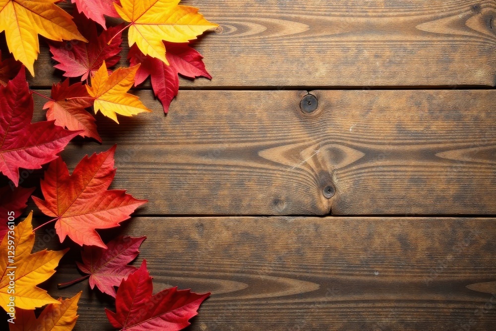 Fototapeta premium Autumnal Leaves Arranged on Rustic Wooden Surface, Perfect for Seasonal Designs and Fall Themed Projects