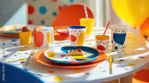 Festive birthday table setting with colorful decor and a slice of cake