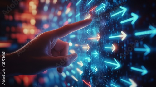 A glowing interface with arrows and a hand pointing, symbolizing technology, direction, and interaction in a digital environment.