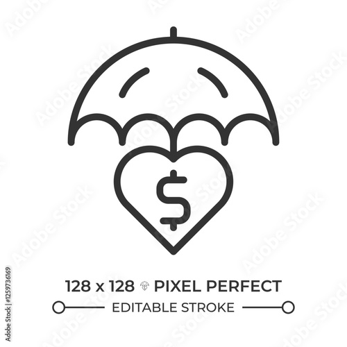 Life insurance pixel perfect linear icon. Financial security, economical protection. Support, assurance. Thin line illustration. Contour symbol. Vector outline drawing. Editable stroke