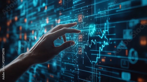 A hand reaches towards a digital interface displaying graphs and data, symbolizing technology and innovation in analytics.
