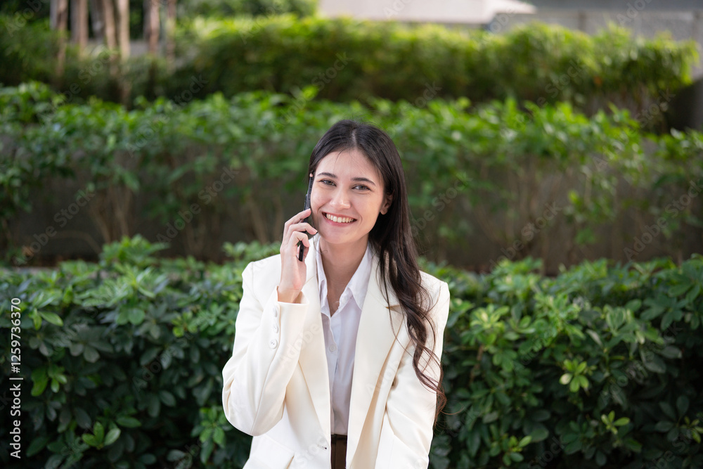 Smiling businesswoman talking on phone outdoors Smiling businesswoman talking on phone outdoors