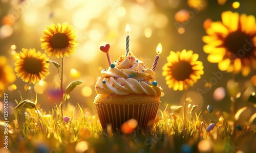 Festive cupcake with candles in sunny sunflower field. Perfect for birthday celebrations