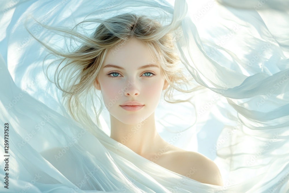 Soft, flowing fabric surrounds serene beauty, capturing ethereal