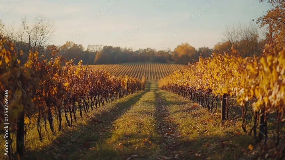 Naklejka premium Autumnal Vineyard Rows Bask In Golden Sunset Light