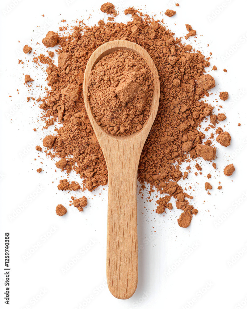 Cinnamon powder in wooden spoon on white background, perfect for cooking Cinnamon powder in wooden spoon on white background, perfect for cooking