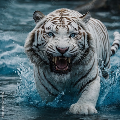 Ein dynamischer weißer Tiger, der neben strahlend blauem Gletscherwasser läuft, mit einem sauberen weißen Hintergrund. photo