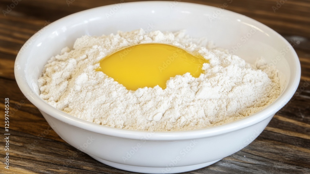Raw Egg Yolk Surrounded by Flour in a White Bowl Ready for Baking in the Kitchen Raw Egg Yolk Surrounded by Flour in a White Bowl Ready for Baking in the Kitchen