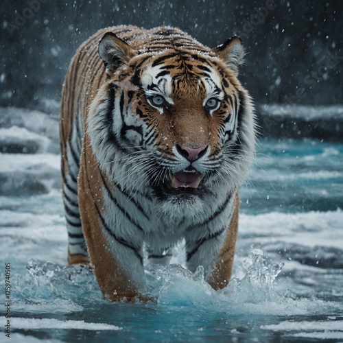 Ein hyperrealistisches Bild eines weißen Tigers, der kraftvoll neben eisblauem Gletscherwasser sprintet, mit einem reinen weißen Hintergrund.