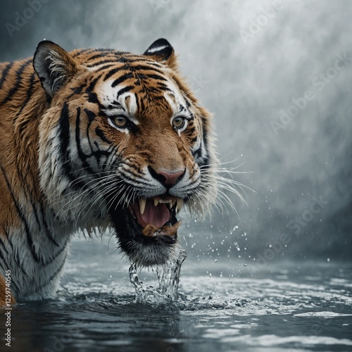 Ein weißer Tiger in Bewegung, der neben leuchtendem Gletscherwasser rennt, dargestellt in hyperrealistischem Stil vor einem klaren weißen Hintergrund.