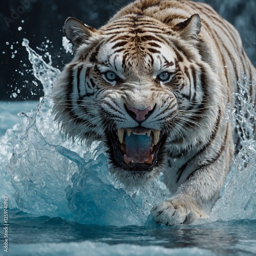 Ein dynamischer weißer Tiger, der neben eisblauem Gletscherwasser sprintet, dargestellt in hyperrealistischem Stil vor einem klaren weißen Hintergrund.