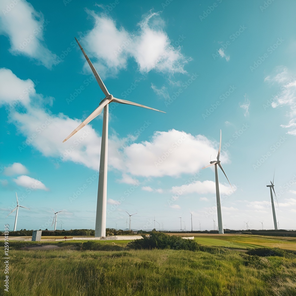 Wind turbines producing electricity were constructed on a field in Skanderborg, Denmark. Wind turbines producing electricity were constructed on a field in Skanderborg, Denmark.