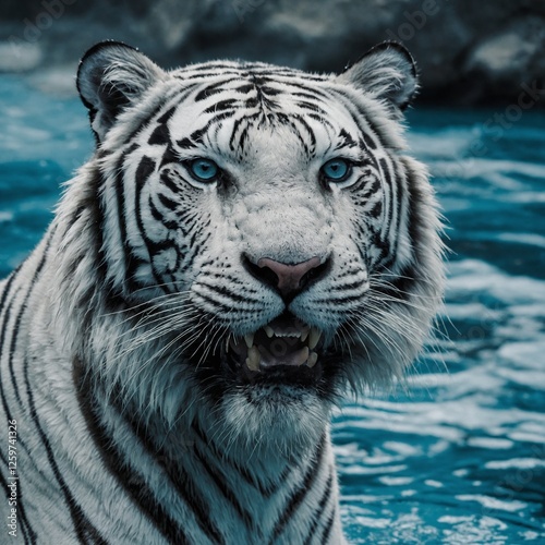 Ein weißer Tiger in voller Geschwindigkeit, der neben eisblauem Gletscherwasser rennt, mit einem reinen weißen Hintergrund.nd.
