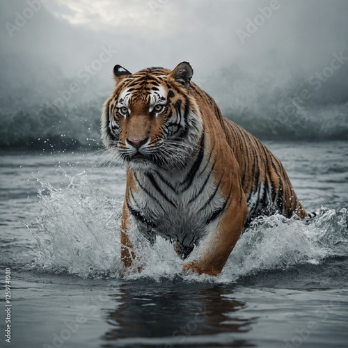 Ein weißer Tiger in Bewegung, der neben funkelndem Gletscherwasser läuft, dargestellt in hyperrealistischem Stil vor einem weißen Hintergrund.
