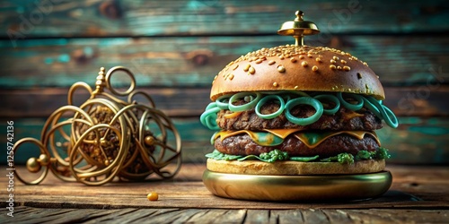 Gourmet Double Patty Burger with Artistic Garnish, Ornate Stand, and Antique-Style Accoutrement photo