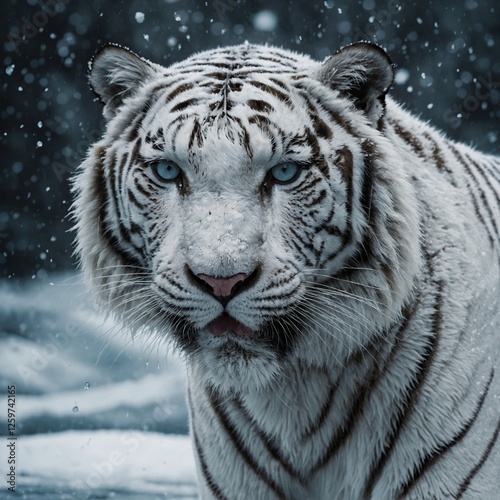 Ein majestätischer weißer Tiger, der dynamisch neben eisblauem, leuchtendem Gletscherwasser sprintet, mit einem klaren, weißen Hintergrund.