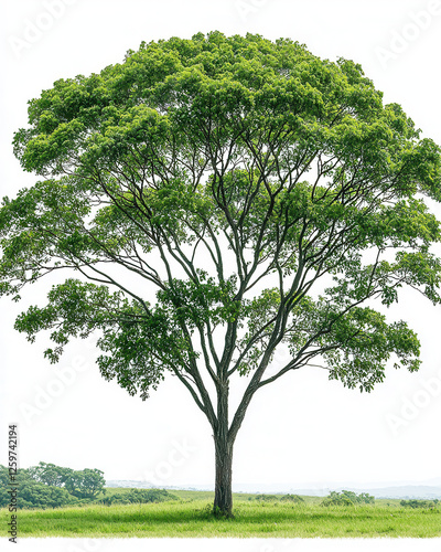 tall tree with lush green canopy stands alone in serene landscape