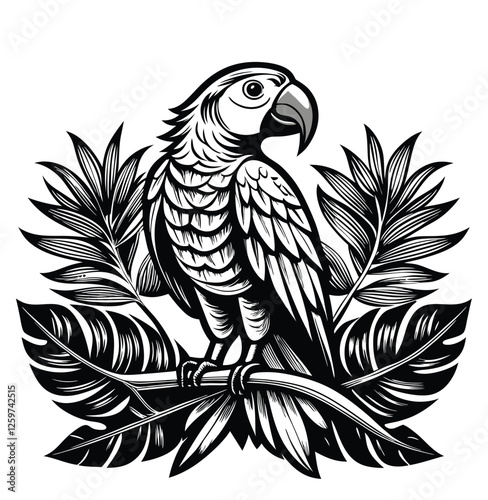 Black and white illustration of a parrot perched amidst lush tropical leaves in a vintage style.