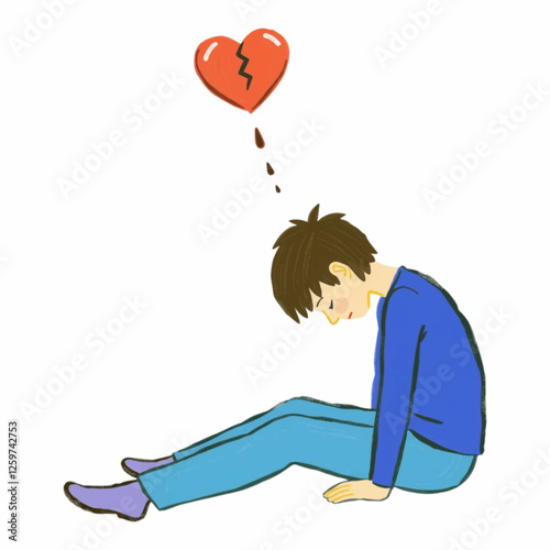 Cartoon Hand drawn Person sad over breakup.