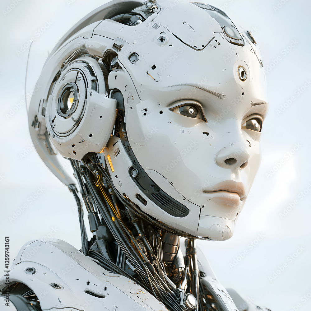 Fototapeta premium AI Portrait: A close-up of an artificial intelligence robot's face, revealing the intricate details of its mechanical structure. The robot's eyes are a mesmerizing blend of technology and emotion.