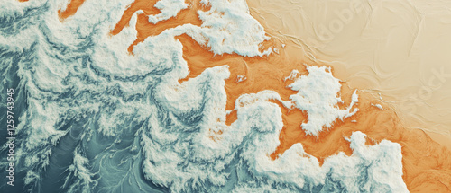 Intricate patterns of ocean waves meeting sandy shore create stunning visual. contrast of blue water and golden sand evokes sense of tranquility and natural beauty