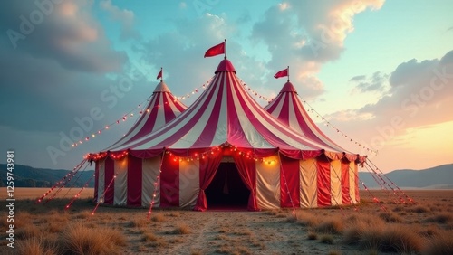 A classic striped big top tent stands majestically in a field at sunset, illuminated by warm string lights, promising wonder and excitement.