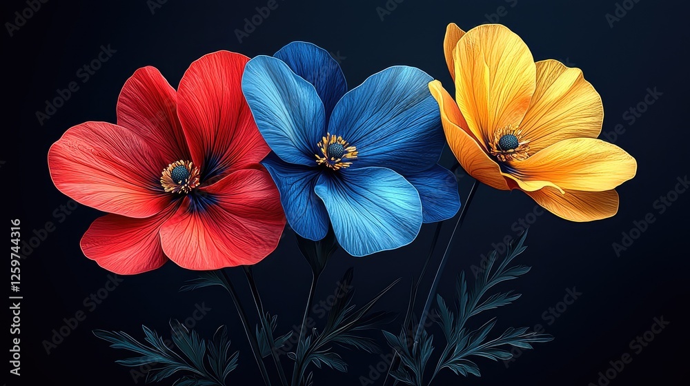 Obraz premium Vibrant close-up of red, blue, and yellow flowers against a dark background, showcasing their intricate details
