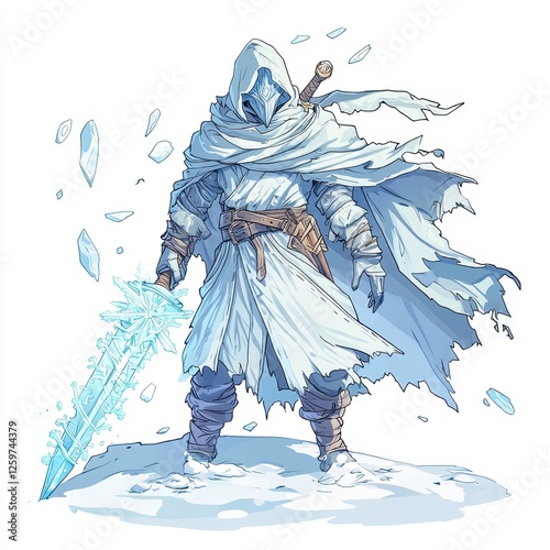 A cloaked figure stands in snow, wielding a shimmering ice sword, surrounded by icy shards, embodying a powerful and mystical presence.