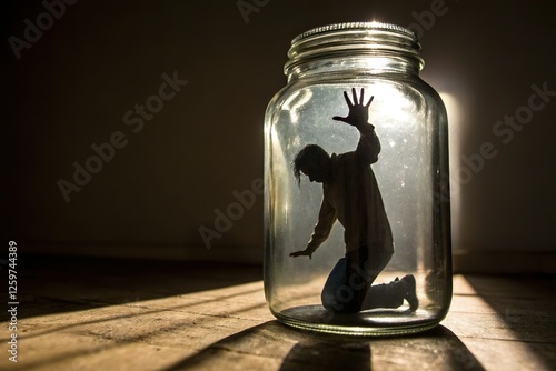 Silhouette of man inside glass jar. Mental isolation and feeling trapped photo