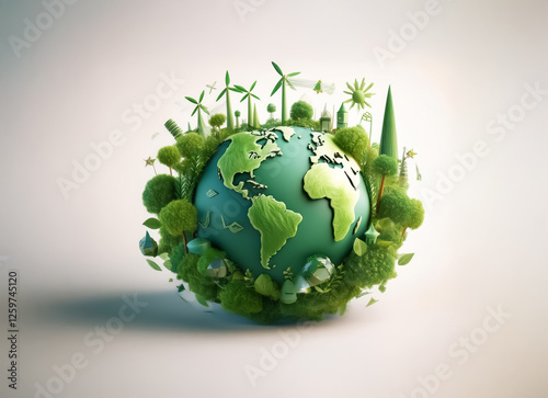 A verdant globe showcasing environmental consciousness with lush greenery, trees, and clean energy represented by wind turbines.  A symbol of nature and ecological balance.
