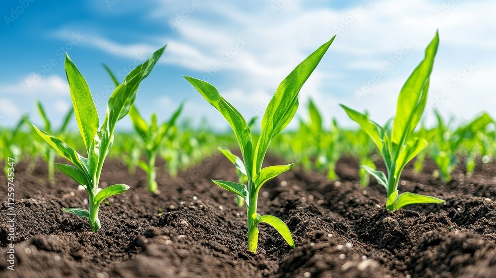 Young green corn plants growing in fertile soil under clear blue sky Young green corn plants growing in fertile soil under clear blue sky