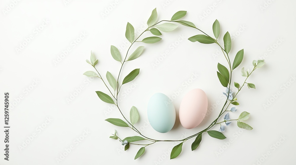 Soft pastel eggs nestled in delicate green wreath symbolize spri Soft pastel eggs nestled in delicate green wreath symbolize spri