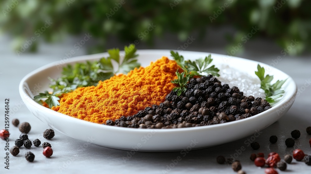 A plate of colorful spices arranged with fresh herbs, ideal for cooking and culinary inspiration. A plate of colorful spices arranged with fresh herbs, ideal for cooking and culinary inspiration.