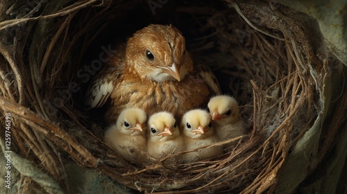 A close-up of a bird's nest with newly hatched chicks under the protective wings of their mother 