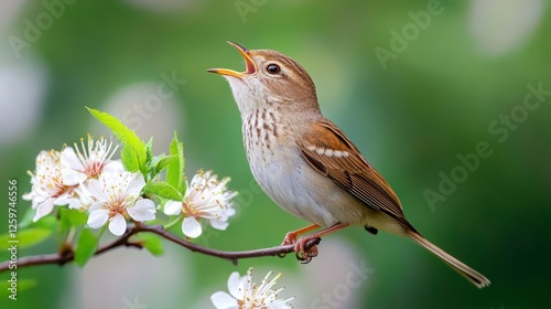 A close-up of a bird perched on a blooming branch, singing in the fresh spring air 