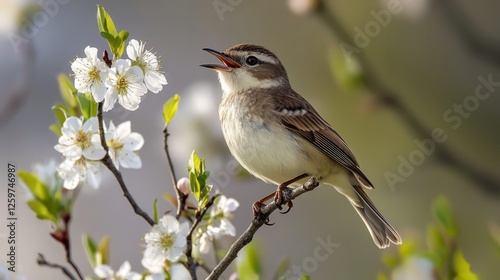 A close-up of a bird perched on a blooming branch, singing in the fresh spring air 