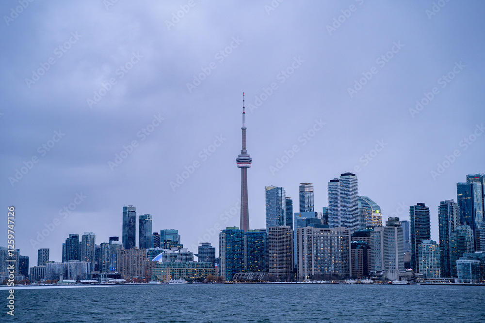 Fototapeta premium Winter sunset view of downtown Toronto from Lake Ontario.