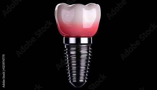 A close-up of a dental implant with realistic tooth design and metallic base.