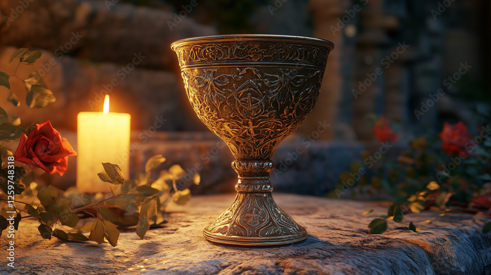 Intricately decorated medieval goblet with floral engravings, placed on a stone altar with candlelight and roses – mystical sacred relic setting